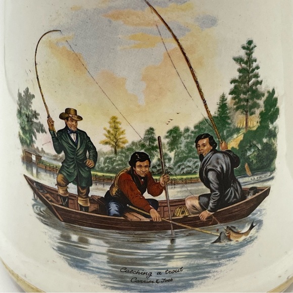 Vintage Prince William Pottery 22 Carrat Mug Currier & Ives Catching a Trout - Picture 3 of 11